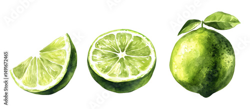 Fresh lime watercolor illustration with whole fruit and slices isolated on transparent background