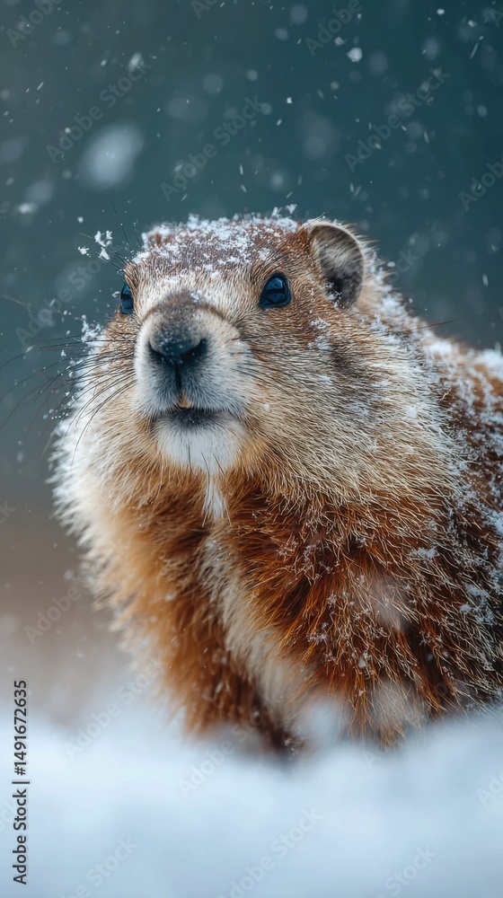 Obraz premium Groundhog Portrait in Falling Snow Close Up Wildlife Animal in Winter Season Nature Outdoors