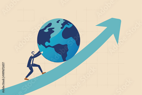 Pushing world economic forward, international investment growth or company success in world business competition concept, businessman leader push the world up rising up graph with full effort.