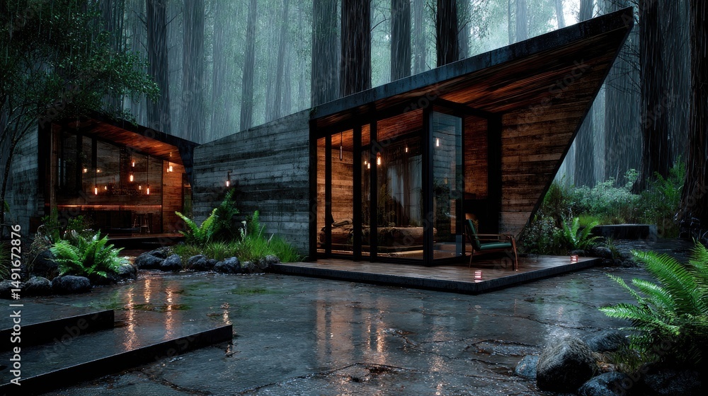 Obraz premium Forest Retreat Modern cabin in a misty redwood forest with rain, and light.