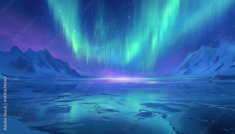 Naklejka premium Aurora scenery in the night sky over the lake 4