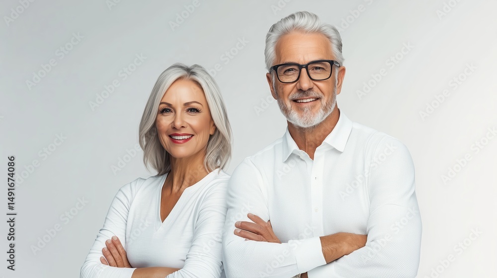 Stylish senior couple in matching white outfits smiling confidently with arms crossed against light background Stylish senior couple in matching white outfits smiling confidently with arms crossed against light background