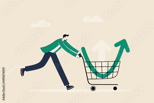 Buy on the dip, purchase stock when price drop, trader signal to invest, make profit from market collapse concept, smart businessman investor buy stock with down arrow graph in shopping cart.