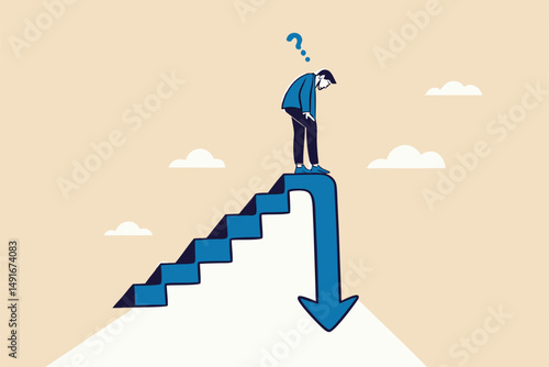 Stock market decline in crisis or bubble burst, investment or economic recession, career dead end or financial risk concept, frustrated businessman investor climb up stair with arrow down on top.