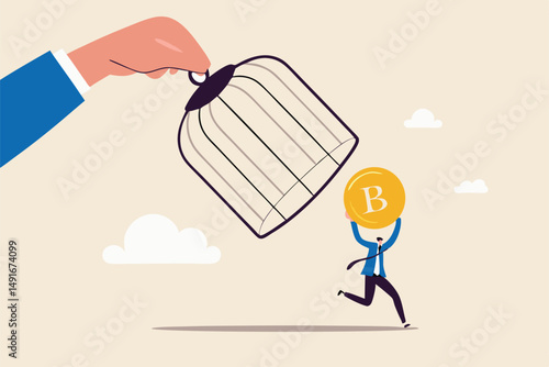 Bitcoin and cryptocurrency regulation, government try to control crypto or decentralized money, authority and legal for trading crypto concept, investor carrying bitcoin run away from government cage.