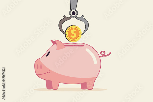 Automatic investment or savings, financial robot advisor or FinTech, technology using artificial intelligence for financial concept, smart robot arm putting golden coin money into savings piggybank.
