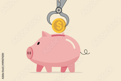 Automatic investment or savings, financial robot advisor or FinTech, technology using artificial intelligence for financial concept, smart robot arm putting golden coin money into savings piggybank.