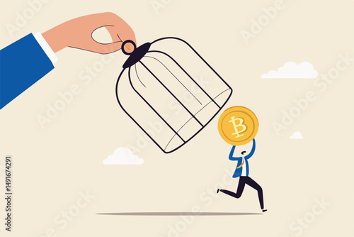 Bitcoin and cryptocurrency regulation, government try to control crypto or decentralized money, authority and legal for trading crypto concept, investor carrying bitcoin run away from government cage.