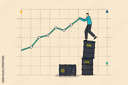 Oil price rising up, crude oil commodity price growth after crisis, high demand or energy or gasoline industry concept, businessman trader standing on stack of oil gallon drawing rising up graph.