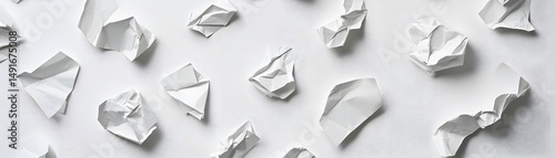 Scattered crumpled papers on a white surface