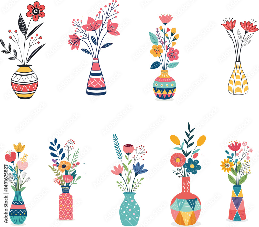 Obraz premium Set of contemporary art flowers in colorful vases