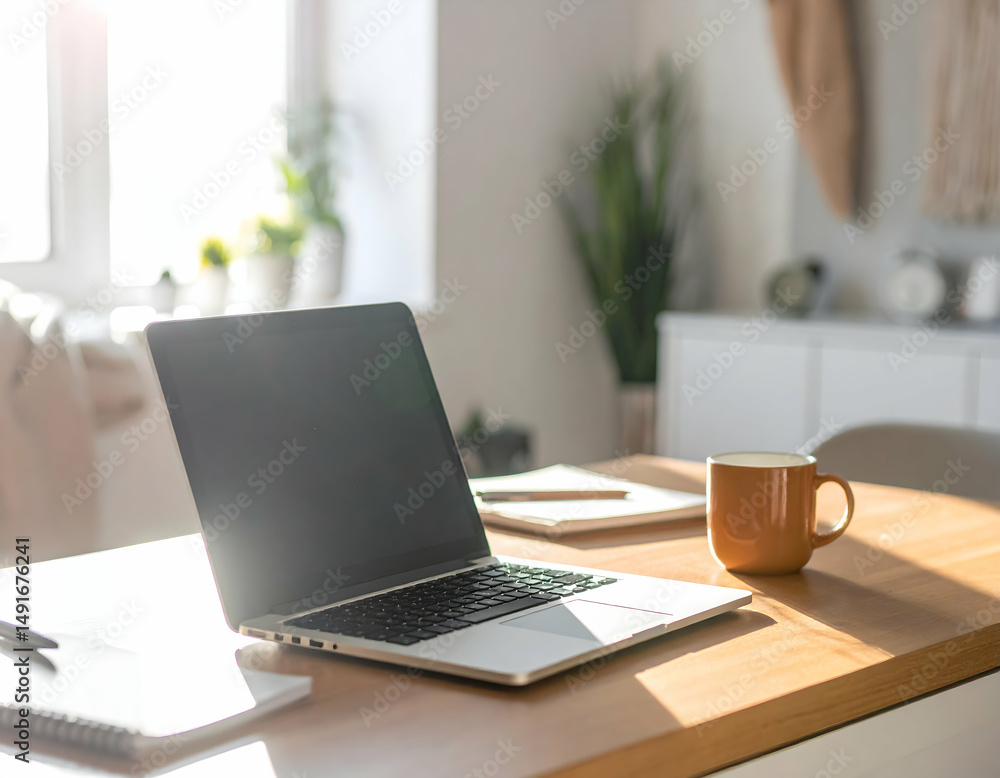 Fototapeta premium Modern workspace with a laptop and coffee cup on a wooden desk, sunlight streaming through windows