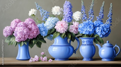 Wallpaper Mural Arrangement of colorful flowers in blue vases. Torontodigital.ca