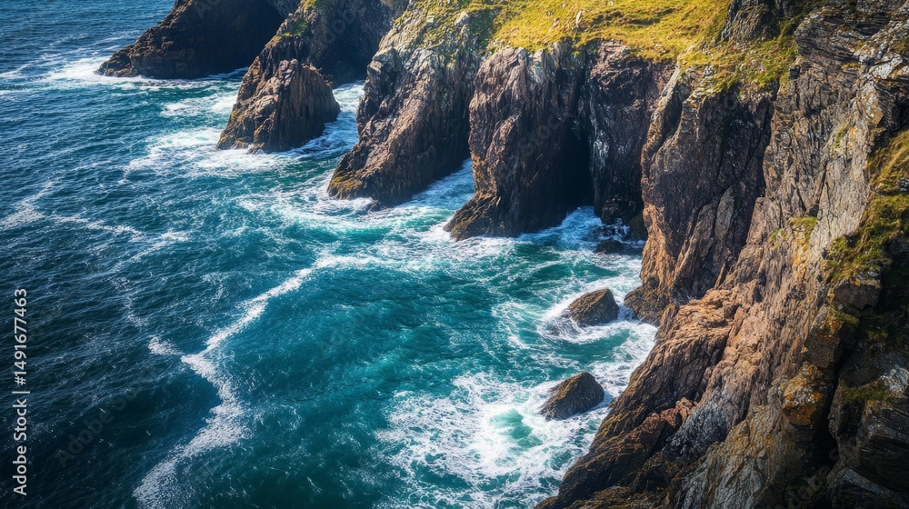 Obraz premium Dramatic Coastal Cliffside Panoramic View Over Turquoise Waters