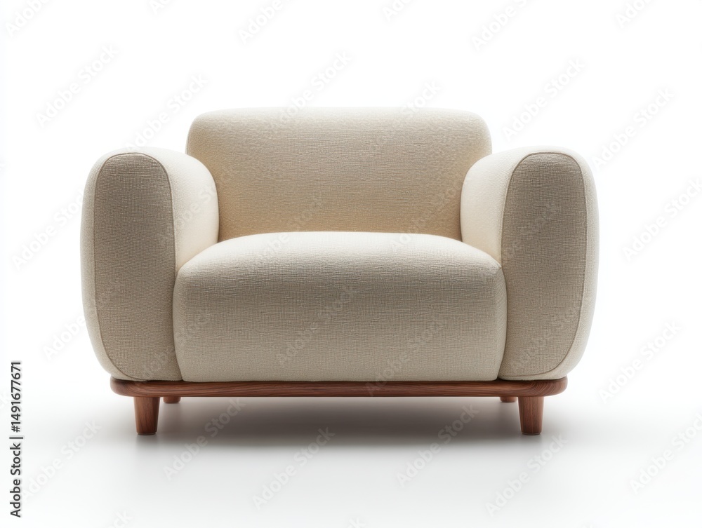 Isolated Cream Armchair Studio Shot Front View Demonstrating Modern Furniture Design and Premium Upholstery with Wooden Base and Legs on White Background Isolated Cream Armchair Studio Shot Front View Demonstrating Modern Furniture Design and Premium Upholstery with Wooden Base and Legs on White Background