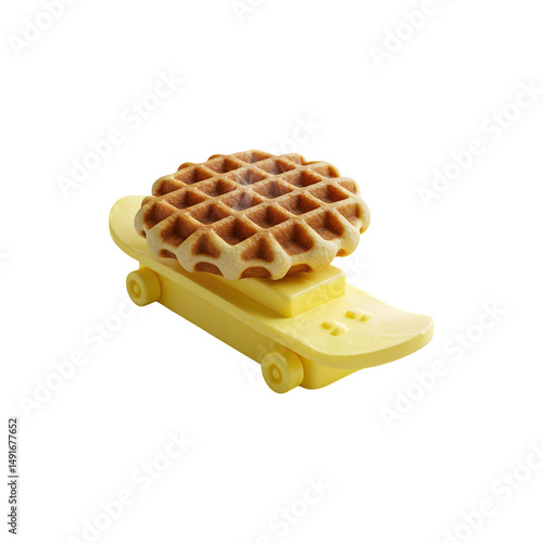 Melted waffle riding a pat of butter like a skateboard in a surreal breakfast fantasy