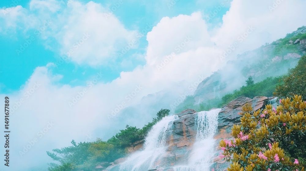 Fototapeta premium Serene Waterfall Cascading Down Misty Mountainside