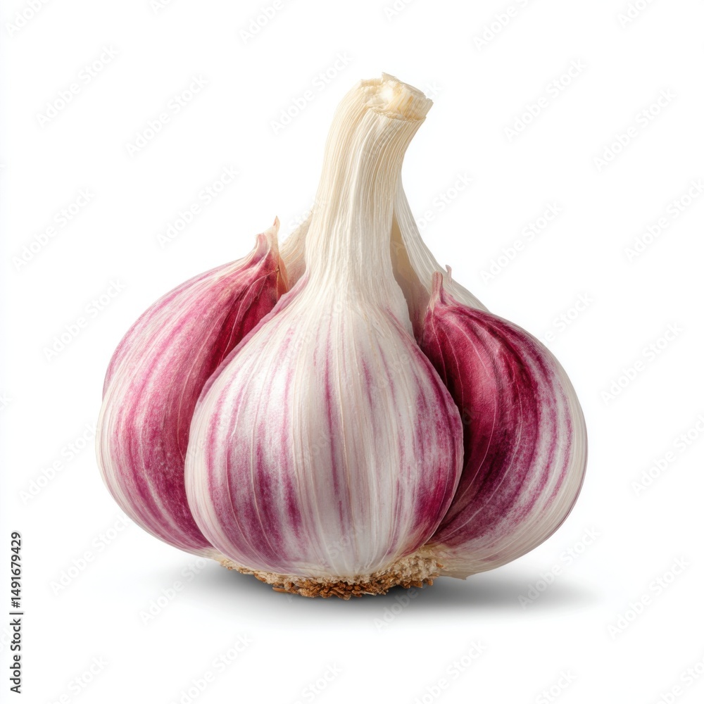 Obraz premium Single garlic bulb close up on white background studio shot natural light food photography healthy cooking ingredient