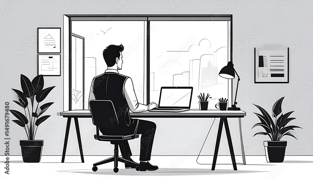 Monochrome Office Scene: Man at Desk, City View, Minimalist Decor, Indoor Workspace. Monochrome Office Scene: Man at Desk, City View, Minimalist Decor, Indoor Workspace.