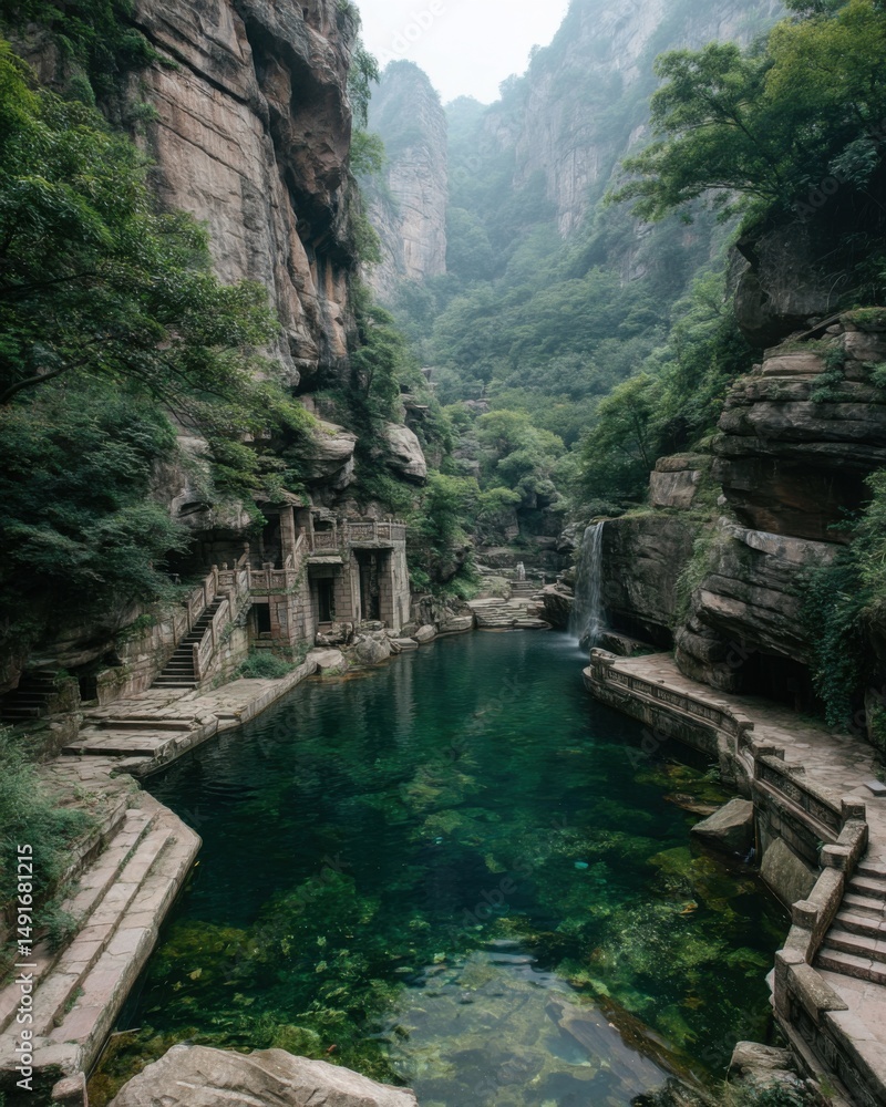 Fototapeta premium Emerald Pool and Ancient Architecture in Zhangjiajie National Forest Park China Eye-Level