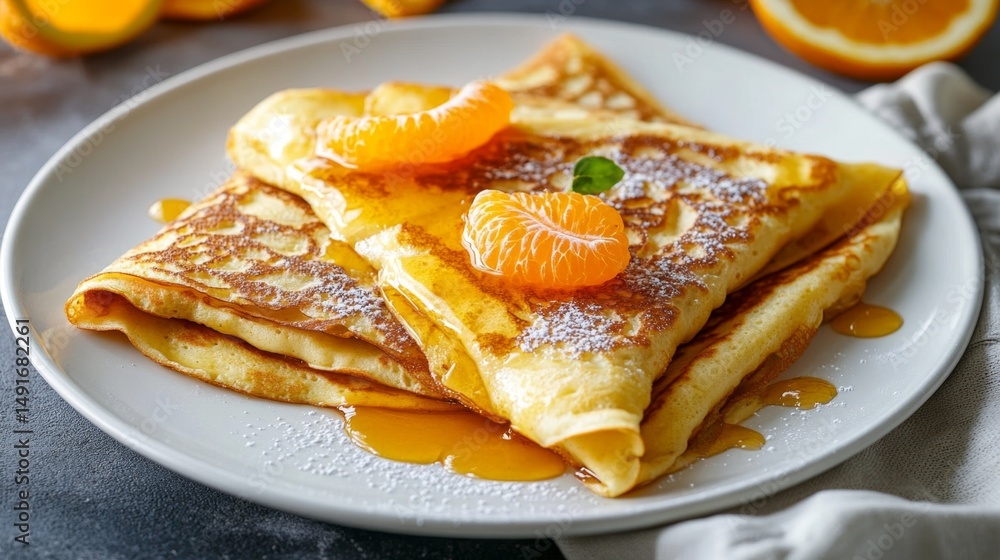 Delicious Crepes Suzette with Orange and Garnish on White Plate Delicious Crepes Suzette with Orange and Garnish on White Plate