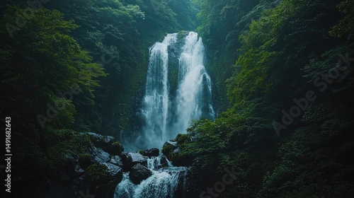 Lush waterfall cascading down a rocky mountainside.