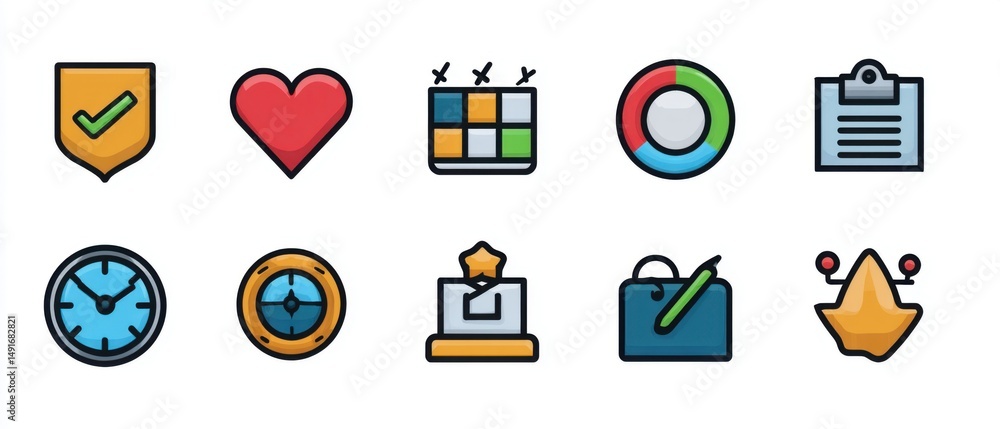 Business Icon Set Flat Lay Illustration Featuring Shield Heart Calendar Chart Clock Compass Award Portfolio Location Marker Business Icon Set Flat Lay Illustration Featuring Shield Heart Calendar Chart Clock Compass Award Portfolio Location Marker