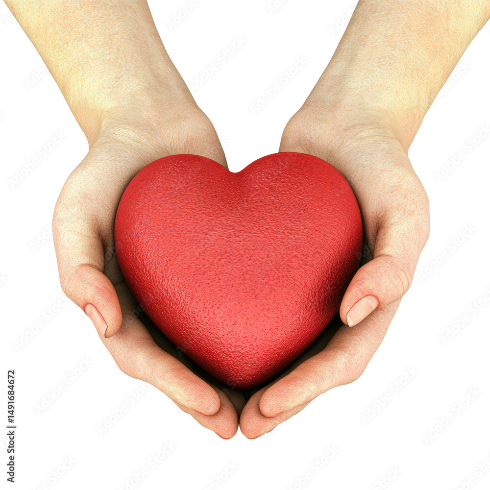 Fototapeta premium Hands holding a red heart symbolizing love care compassion and emotional warmth isolated on white background