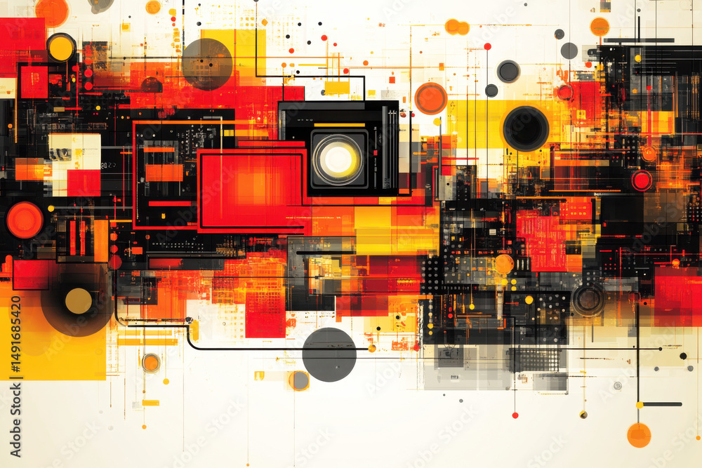 Fototapeta premium A colorful abstract digital artwork featuring overlapping geometric shapes, lines, and circles in red, orange, yellow, and black tones.