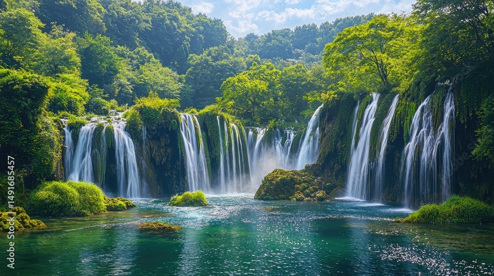 Fototapeta premium Lush cascading waterfalls cascading into a tranquil mountain pool.