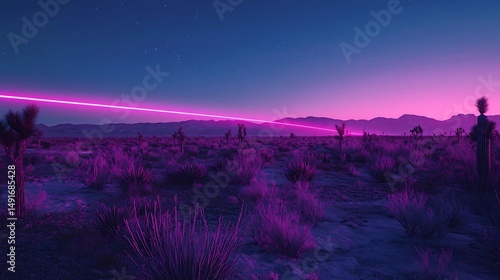 Desert sunset landscape with laser beam
