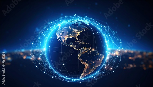 A digital representation of Earth showcasing interconnected networks, emphasizing technology and global connectivity in a night sky setting