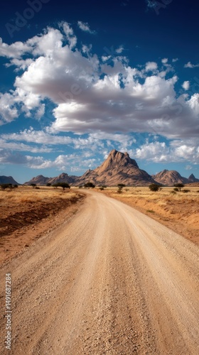 Scenic Desert Road Leading to Spitzkoppe Mountain Under a Cloudy Blue Sky in Namibia Africa