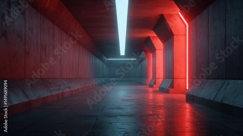 Fototapeta Naklejka Na Ścianę i Meble -  Futuristic concrete tunnel with vibrant neon lighting