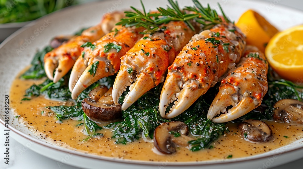 Crab claws, spinach, mushrooms, sauce Crab claws, spinach, mushrooms, sauce