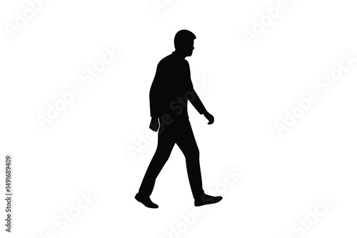Silhouette of a man walking to the left, isolated on white background. Male figure in motion with casual posture, viewed in side profile.