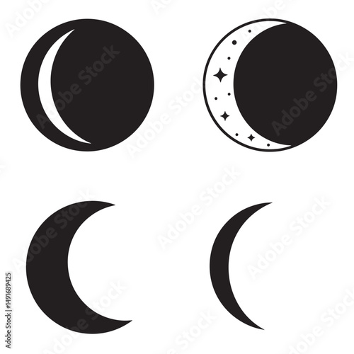 A collection of elegant moon phase silhouettes with stars and crescent shapes on a white background