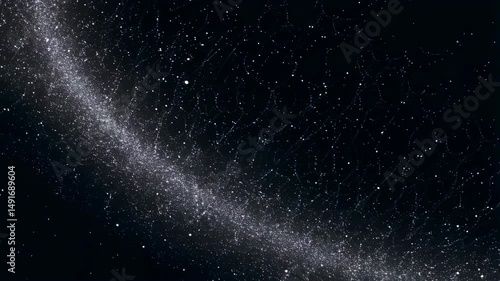 Dark cosmic scene with swirling nebula of white stardust particles on black background, creating abstract galactic space effect