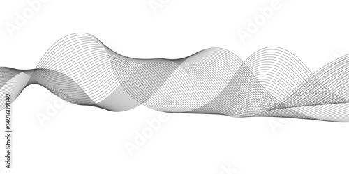 
"Futuristic Technology Meets Abstract Design: Soft Grey Glowing Wave Lines Flowing Smoothly on a Crisp White Background, Creating a Dynamic Sound Wave Pattern"