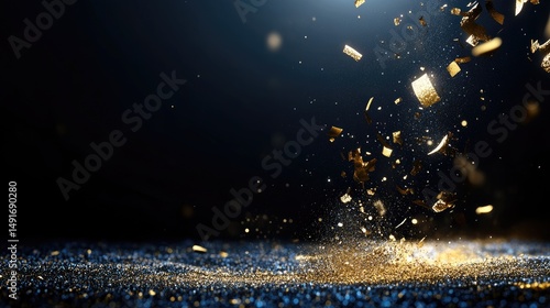 Blue and gold particle swirl on dark background, ideal for festive or magical visuals