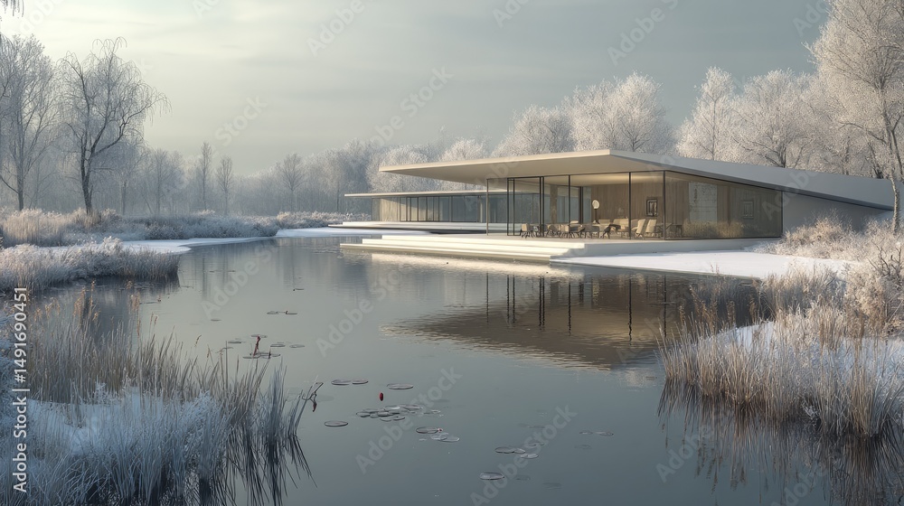 Winter serenity Modern house by lake with snowcovered trees, and peaceful landscape. Winter serenity Modern house by lake with snowcovered trees, and peaceful landscape.