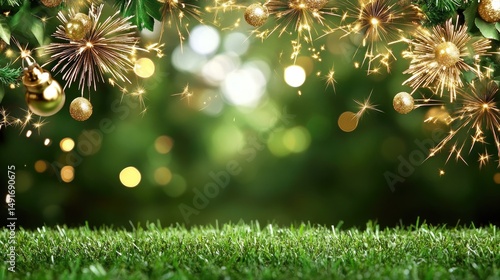 Blurred bokeh and retro fireworks in festive green and gold tones, copy space below