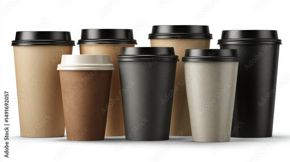 Assorted Coffee Cups in a Row Close Up Studio Shot with Black and White Lids and Brown Paper Texture on White Background Assorted Coffee Cups in a Row Close Up Studio Shot with Black and White Lids and Brown Paper Texture on White Background