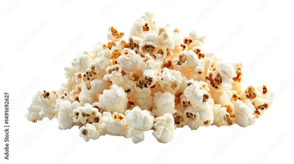 A heap of freshly popped popcorn is ready for snacking isolated against a clean white studio background here now. A heap of freshly popped popcorn is ready for snacking isolated against a clean white studio background here now.