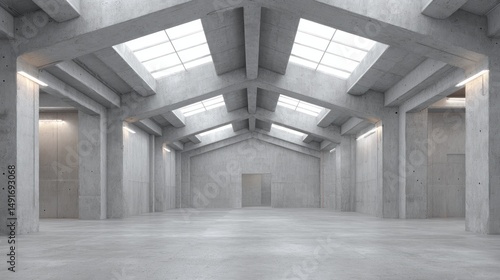 Spacious, industrial concrete warehouse interior