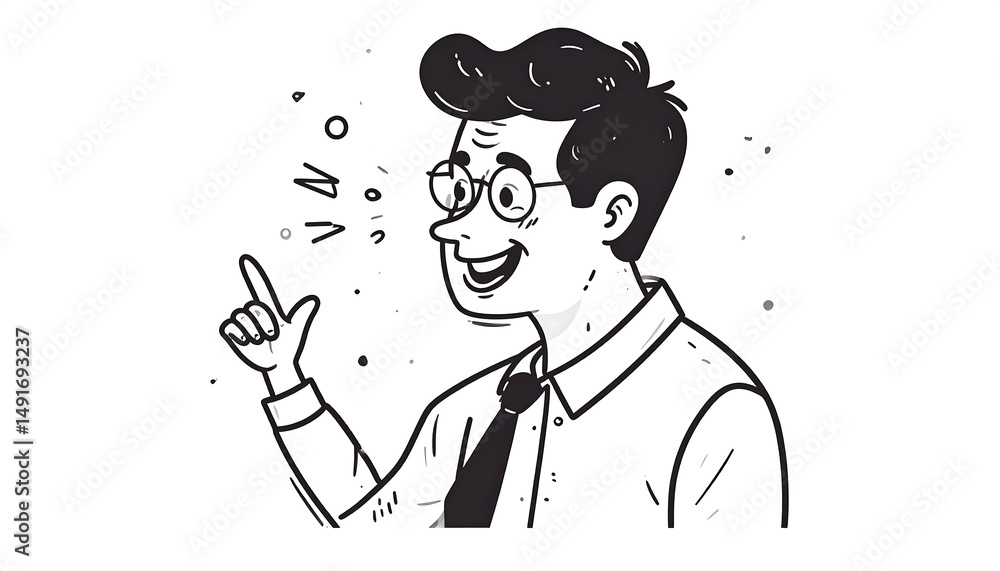 Fototapeta premium Cartoon Man with Idea: Enthusiastic, Smiling, Pointing Upward, Black and White Line Art.