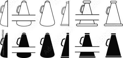 Cheerleader split megaphone icon set black flat, outline styles. Contour symbol. Megaphone, pom-poms. Sport team support group. Customizable illustration collection isolated on transparent background.