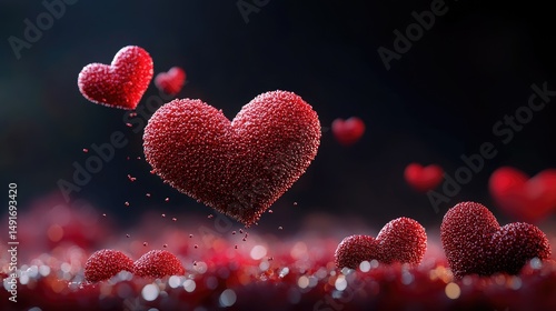 Cute red hearts softly glowing in bokeh style over a deep black background