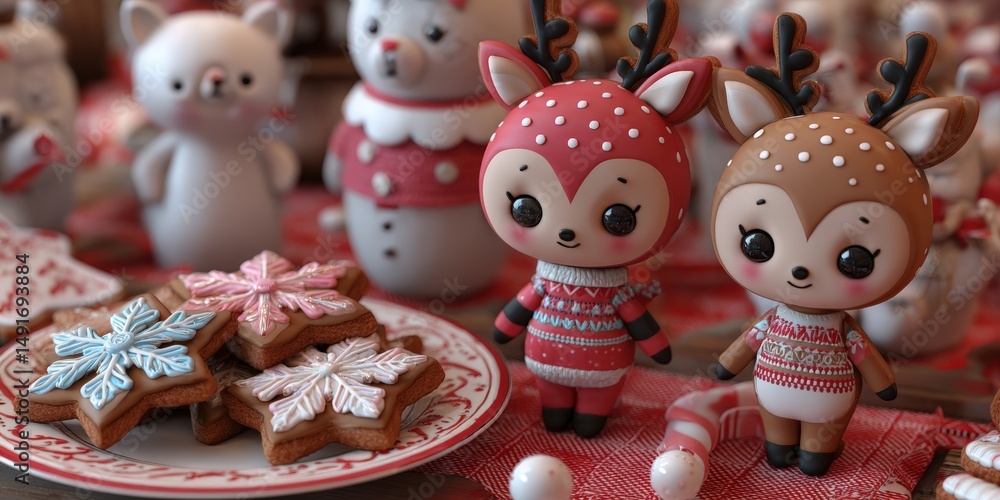 Obraz premium Two small deer and reindeer figurines with Christmas decorations on a wooden surface.