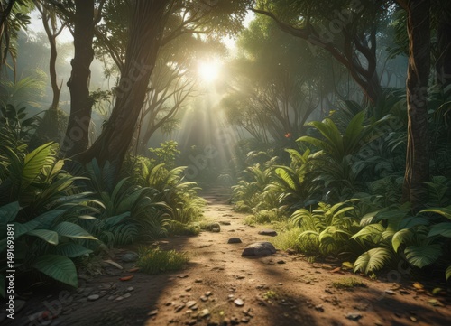 Sunlight dappled through thick foliage, showcasing a jungle floor carpet of life,  ground,  floor